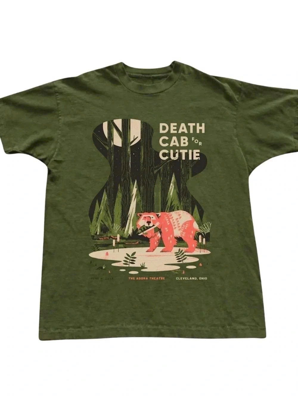 Olive Green Short Sleeve Tee with Pink Bear Graphic